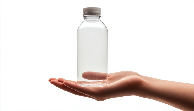 una botella de líquido blanco se sostiene en la mano