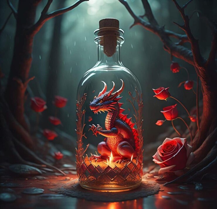 Foto una botella de líquido con un dragón que está etiquetado como la palabra dragón.