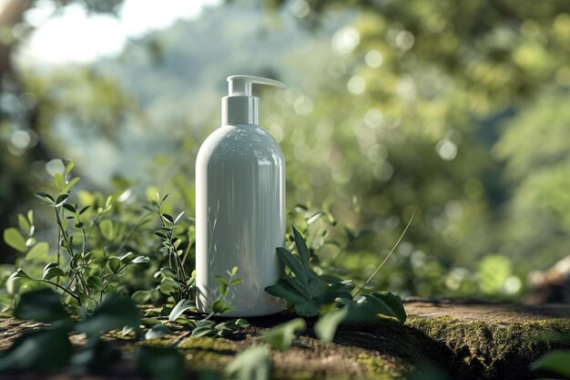 una botella de líquido encima del tocón de un árbol