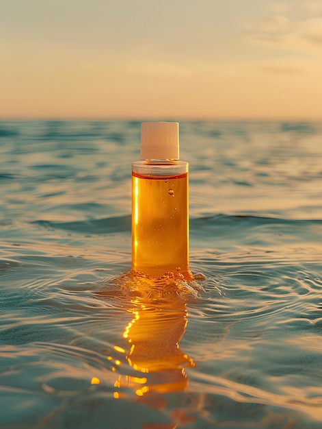 Una botella de líquido flotando en el agua del océano al atardecer o al amanecer o al amanecimiento o al amanecido o al amanecía o al amanecen a