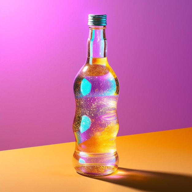 una botella de líquido con un fondo morado.