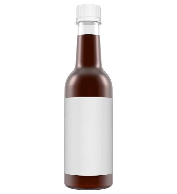 Una botella de líquido marrón con una etiqueta blanca