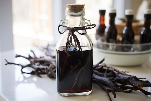 una botella de líquido oscuro con una cuerda atada alrededor.