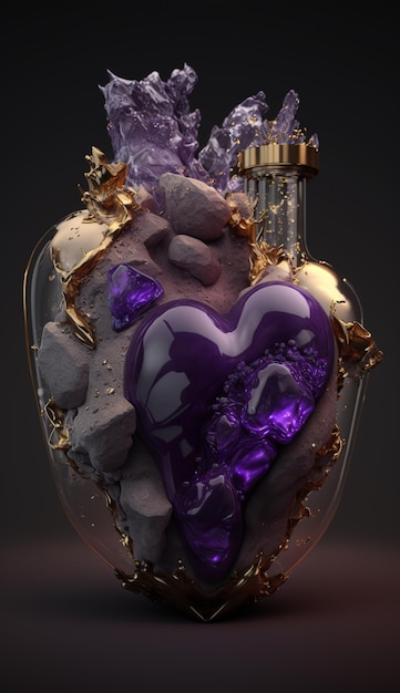 Una botella de líquido púrpura con un corazón en forma de corazón.