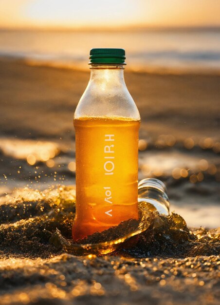 una botella de líquido que está en la playa