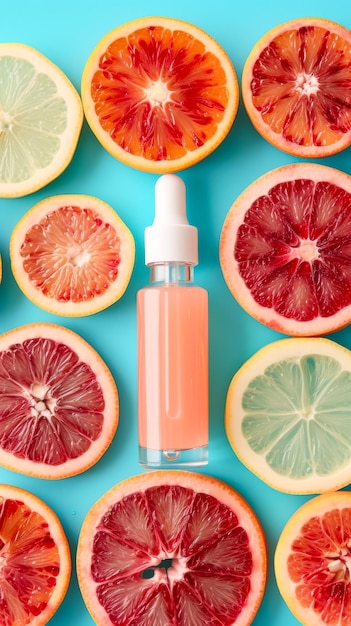Una botella de líquido rosado se coloca en la parte superior de una pila de naranjas