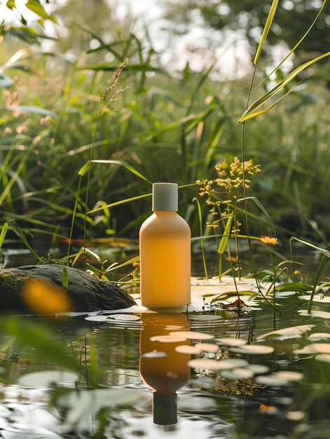 Una botella de líquido sentado en el agua cerca de una zona de roca y hierba con lirios de agua en el