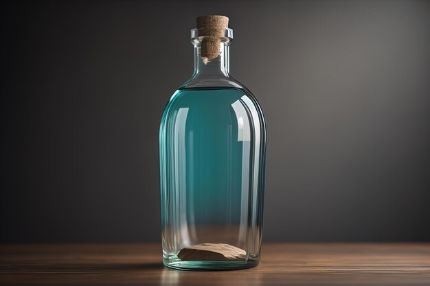 Botella con un líquido sobre un fondo de color sólido ai generativo