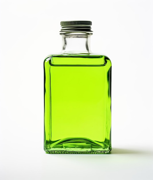 Una botella de líquido verde sobre un fondo blanco