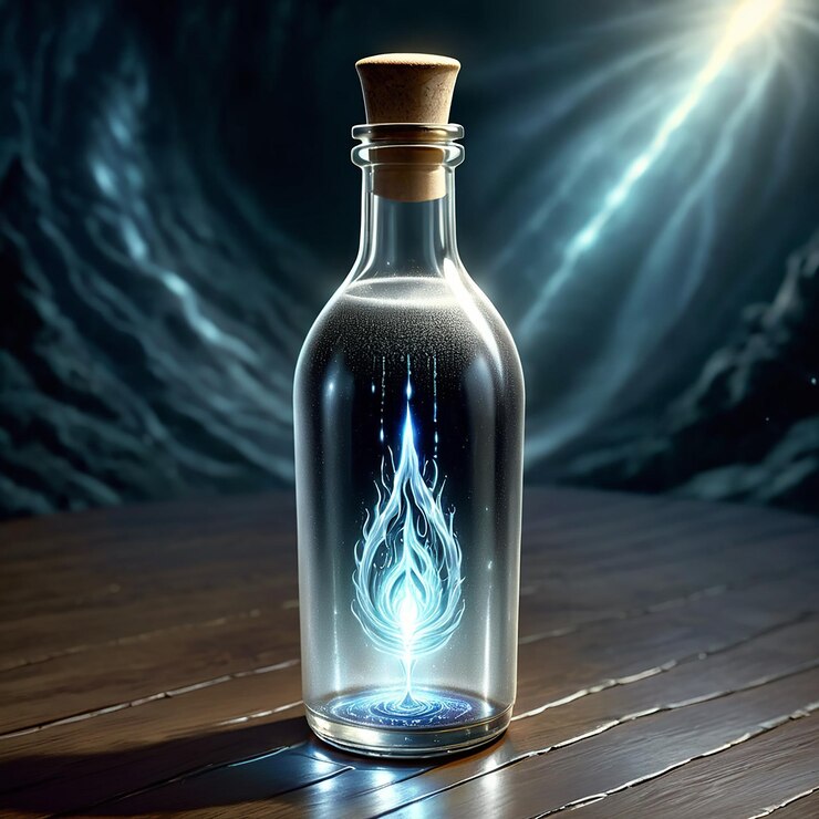 Foto una botella con una llama azul en el interior y un fondo azul con un fondo oscuro