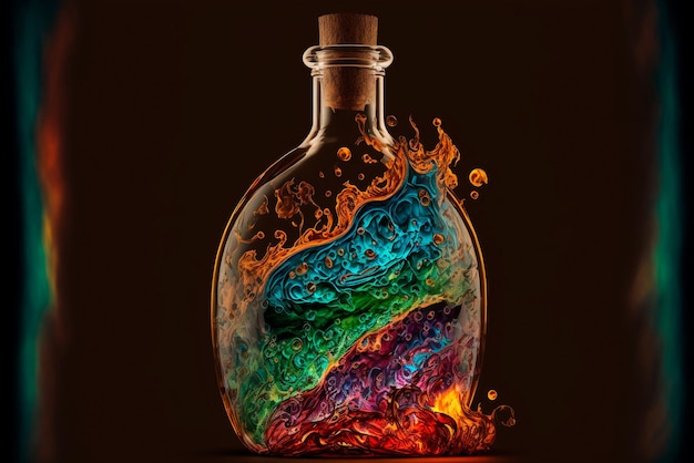 Una botella llena de fuego líquido de colores.