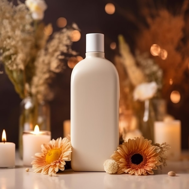 Una botella de loción blanca se sienta en una mesa con velas y flores en el fondo.