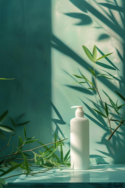 Una botella de loción sentada en una mesa al lado de una planta con hojas verdes largas en ella y una sombra de un