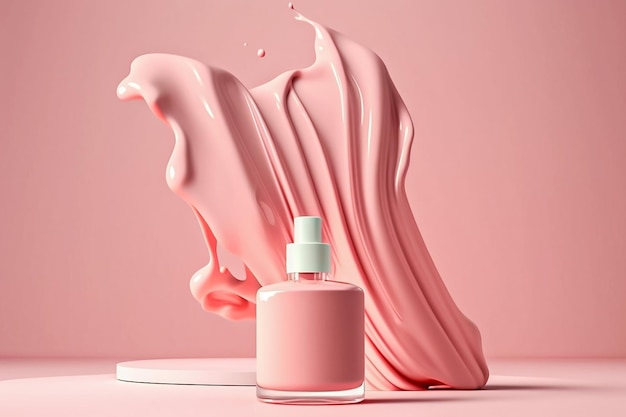 Una botella de maqueta cosmética rosa con un chorrito de líquido detrás IA generativa