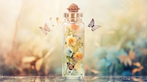 una botella de mariposas con mariposas en la parte superior