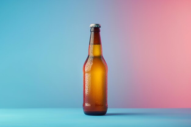 Una botella marrón de cerveza se coloca sobre un fondo colorido