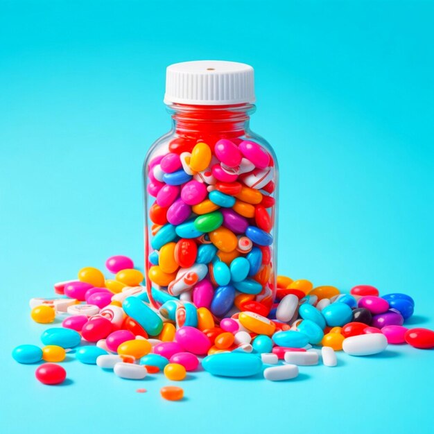 Botella de medicina derramando pastillas de colores