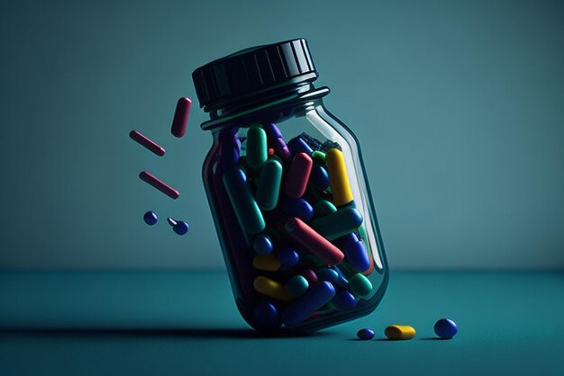 Botella de medicina derramando pastillas coloridas que representan los riesgos de la adicción IA generativa