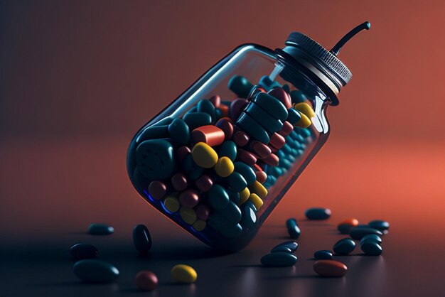 Botella de medicina derramando pastillas coloridas que representan los riesgos de la adicción IA generativa