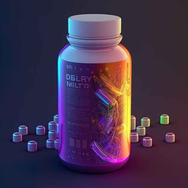 una botella de medicina con una luz púrpura y azul en ella