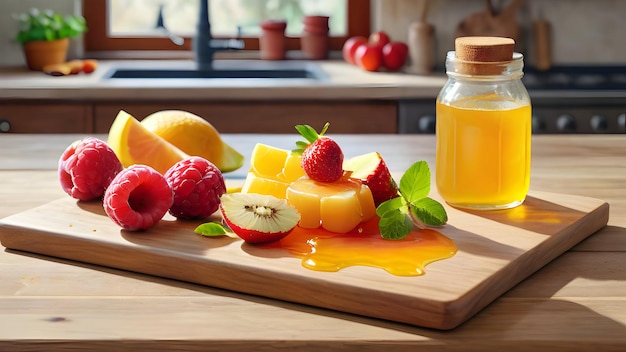 Una botella de miel está al lado de algunas frutas y una botella de mel.