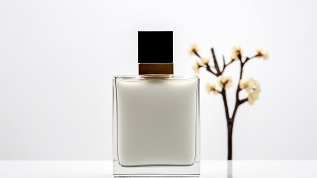 Una botella minimalista de perfume al estilo del minimalismo oriental con fondo blanco