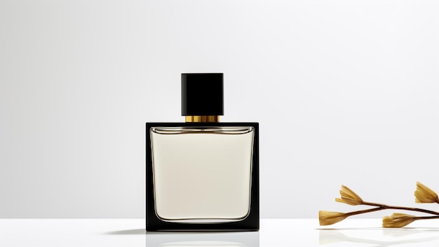 Una botella minimalista de perfume al estilo del minimalismo oriental con fondo blanco