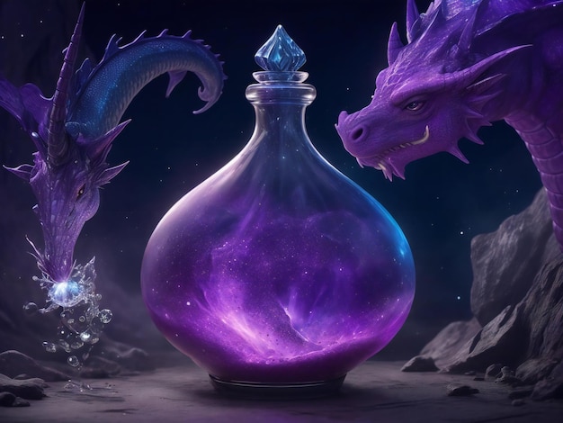 Foto una botella morada con un dragón dentro