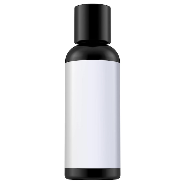 Una botella negra de champú con una etiqueta blanca Maqueta de representación 3D realista