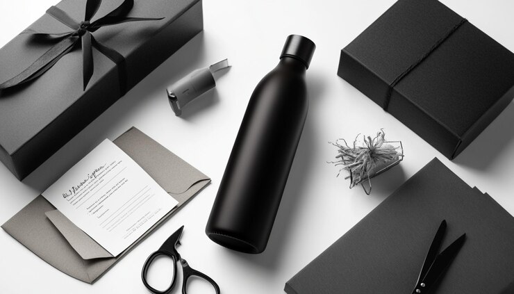 una botella negra de líquido negro se sienta en una mesa junto a una caja de tijeras