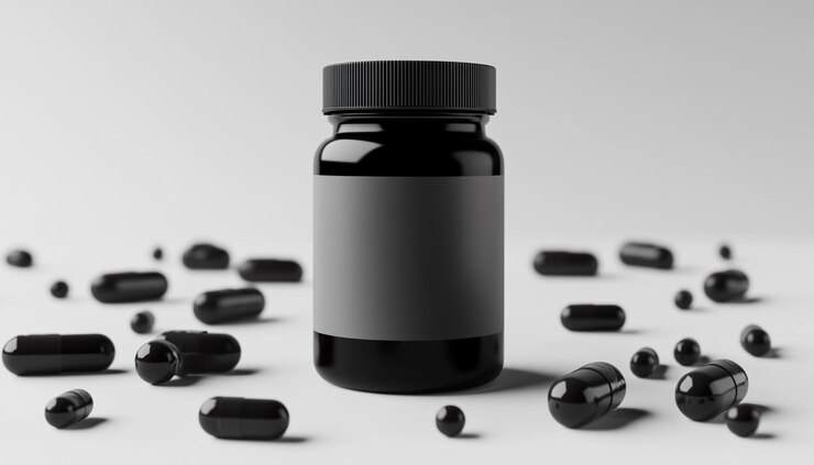una botella negra de pastillas negras con un fondo blanco
