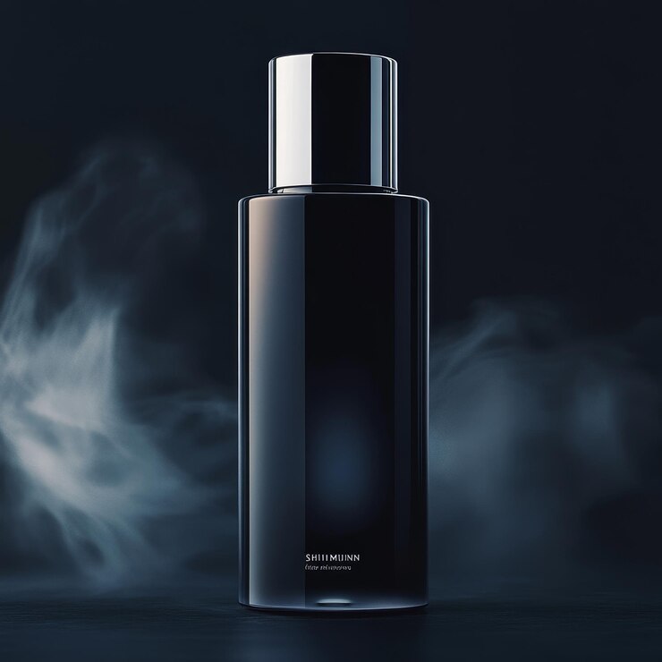 una botella negra de perfume con un humo saliendo de ella