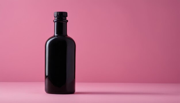 Una botella negra sobre un fondo rosado