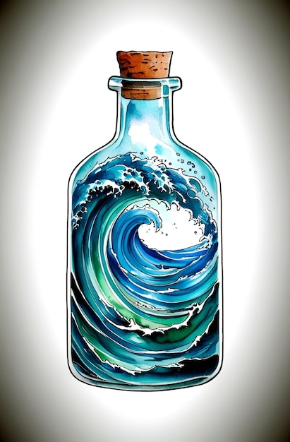 una botella de ola de océano con el océano en el fondo