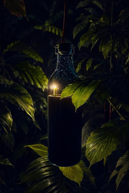 Una botella oscura con un destello de luz tenue en una jungla oscura