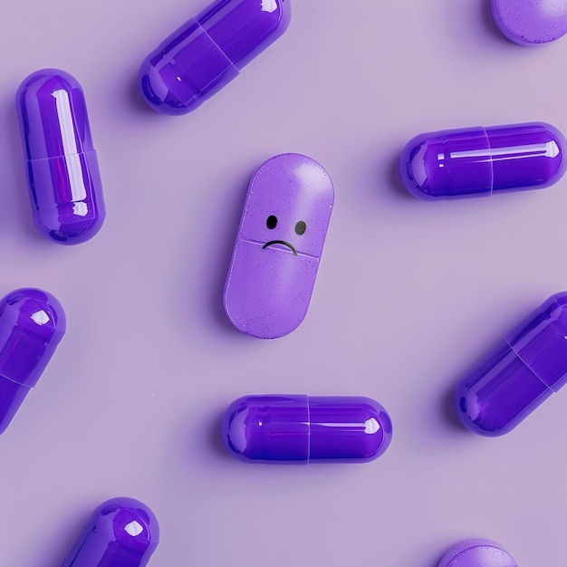 Foto una botella de pastillas púrpura con una cara triste en ella