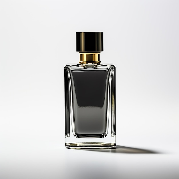 Botella de perfume aislada negra y dorada