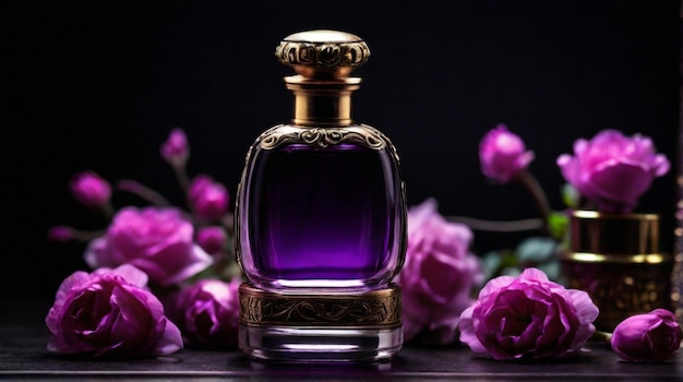 Foto botella de perfume antigua y de lujo con composición de flores púrpuras en fondo oscuro