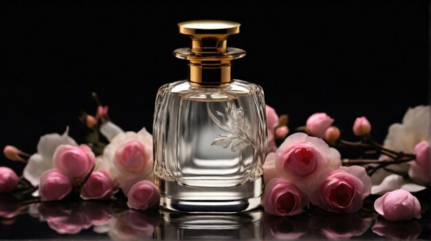 Foto botella de perfume antigua y de lujo con composición de flores rosadas en fondo oscuro