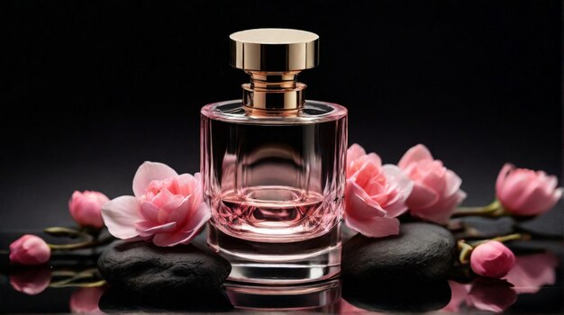 Foto botella de perfume antigua y de lujo con composición de flores rosadas en fondo oscuro