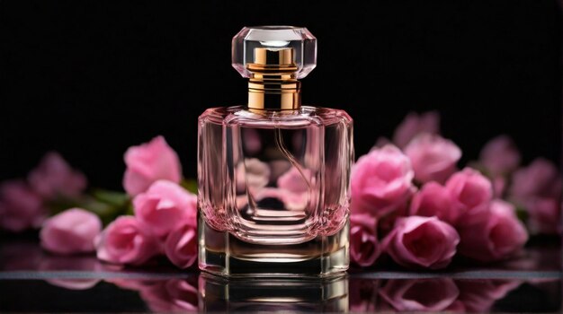 Foto botella de perfume antigua y de lujo con composición de flores rosadas en fondo oscuro