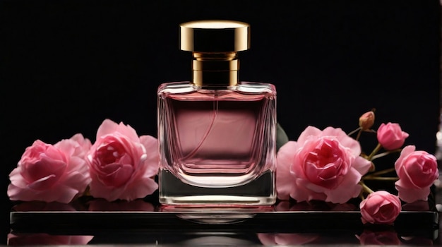 Foto botella de perfume antigua y de lujo con composición de flores rosadas en fondo oscuro