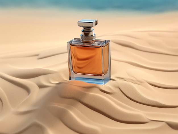 Una botella de perfume en la arena