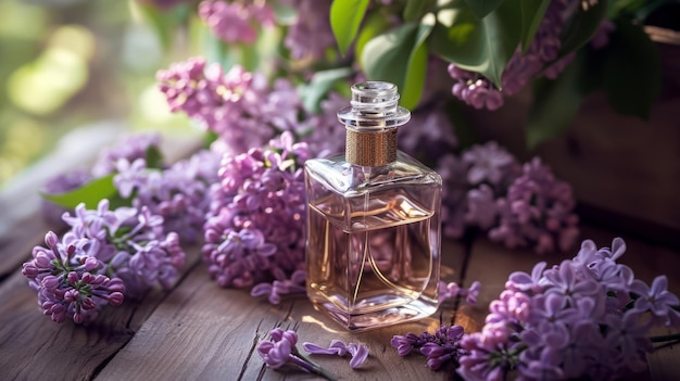 Una botella de perfume aromático de flores de lila una combinación de aromas florales el concepto de la elegancia de una fragancia exquisita