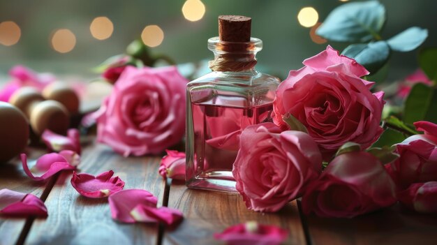 Botella de perfume aromático con rosas rosas escena elegante y romántica Rosas rosas con un aroma delicado y agradable