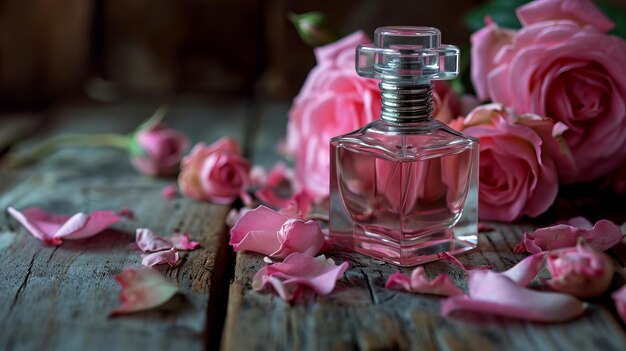 Foto botella de perfume aromático con rosas rosas escena elegante y romántica rosas rosas con un aroma delicado y agradable