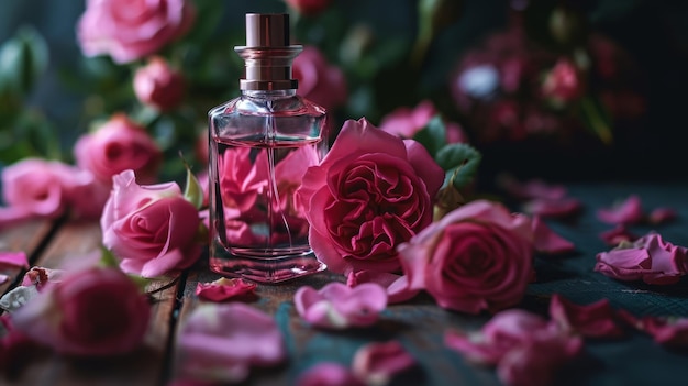 Botella de perfume aromático con rosas rosas escena elegante y romántica Rosas rosas con un aroma delicado y agradable