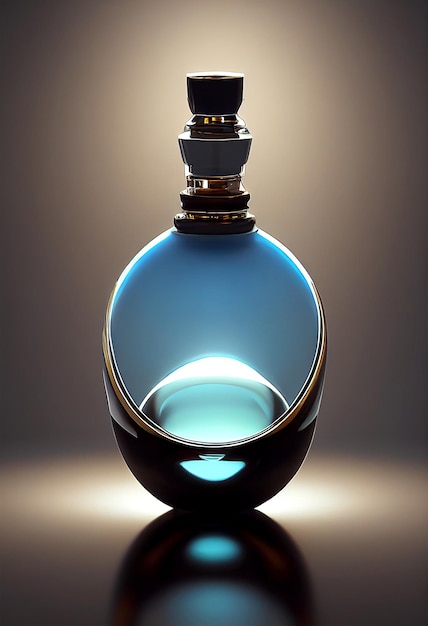 Una botella de perfume azul con un fondo blanco.