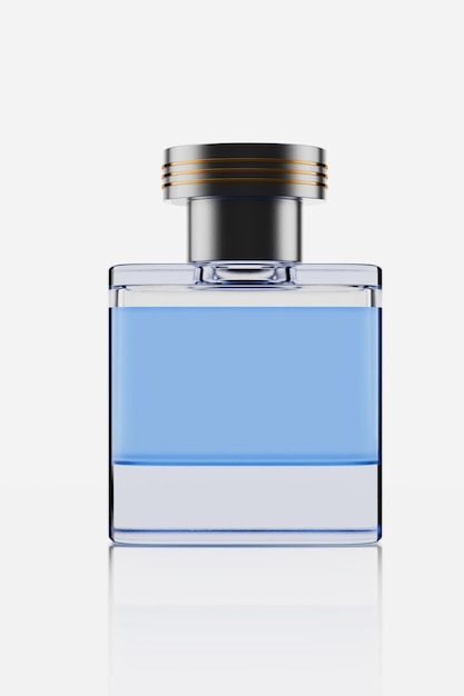 Botella de perfume azul La tapa es de plata redonda con representación 3D de la textura