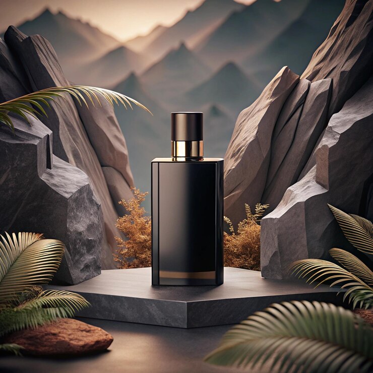 Una botella de perfume en una base una plataforma en el modelo de fondo